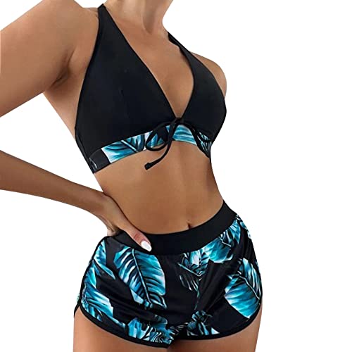 3-Teilig, Damen Bikini Set Badeanzug Neckholder Asymmetrisches Sexy BH Damen Bademode Strandbikini Bikinihose Bikinioberteil Vorne Kreuz mit Shorts Hosen Kurz Kurze Sportshorts, Cooles (Blue #2, L) von Kielsjajd