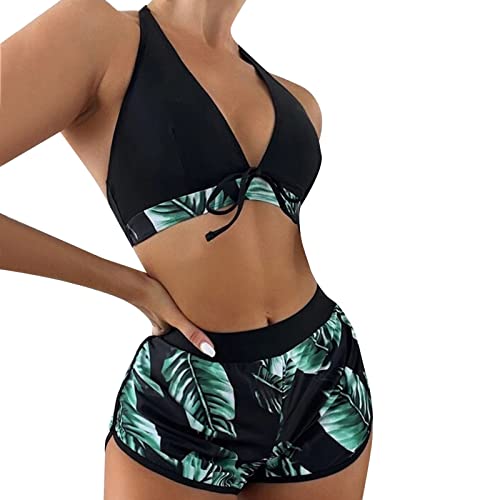 3-Teilig, Damen Bikini Set Badeanzug Neckholder Asymmetrisches Sexy BH Damen Bademode Strandbikini Bikinihose Bikinioberteil Vorne Kreuz mit Shorts Hosen Kurz Kurze Sportshorts, Cooles (Green #1, S) von Kielsjajd