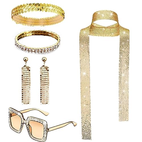 5 Stück Disco Accessoires, 70er jahre Kostümzubehör 70er Damen Glitzer Schmuck 1970s Retro Party Zubehör Frauen 80er Pailletten Quaste Ohrringe Stirnband Strass Armband Halskette (Gold, One Size) von Kielsjajd