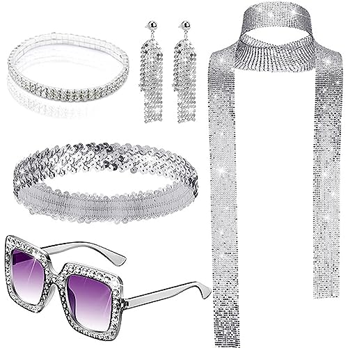 6 Stück Discokugel Spiegelkugel Schmuck Set Ohrringe Halskette Armband Strass Sonnenbrille Haarband Disco Accessoires für Party Karneval 70er 80er Jahre Kostüm Zubehör für Damen (Silver-A, One Size) von Kielsjajd