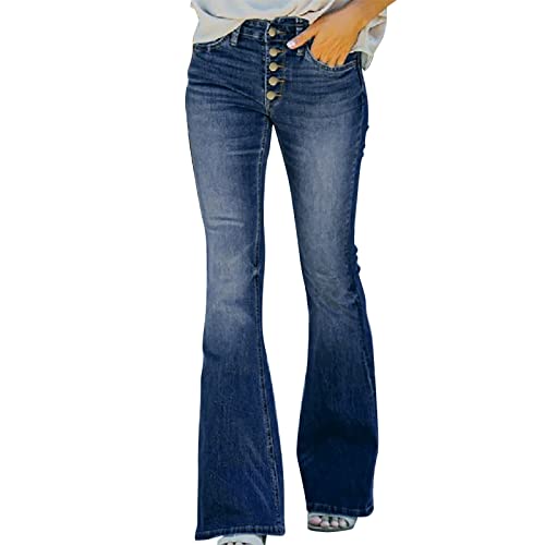 90er Jahre Vintage-Jeans mit Knopfleiste, hoher Taille, ausgestelltem Bein, High-Rise-Hose mit weitem Bein,dehnbarer Blauer Denim-Jeans,klassischer Pull-On-Stretch-Denim-Schlagunterseite Schlaghose von Kielsjajd