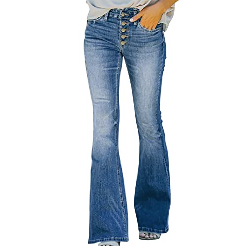 90er Jahre Vintage-Jeans mit Knopfleiste, hoher Taille, ausgestelltem Bein, High-Rise-Hose mit weitem Bein,dehnbarer Blauer Denim-Jeans,klassischer Pull-On-Stretch-Denim-Schlagunterseite Schlaghose von Kielsjajd
