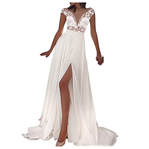 Abendkleid Lang - Spitzenkleid Damen Sexy,Spaghetti-Träger Kleider Damen Festlich Elegant mit Schlitz Abendkleider für Hochzeit Brautjungfernkleider Ballkleider Prom Party Kleid (a-White, XL) von Kielsjajd