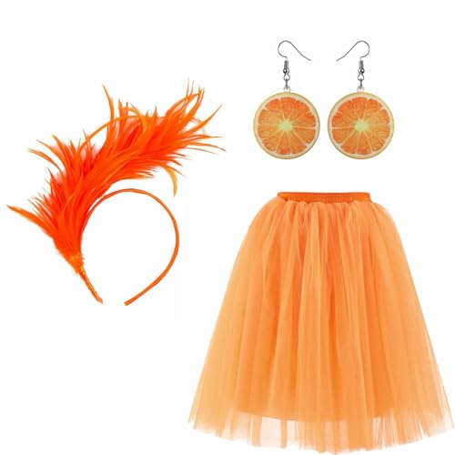 Karneval Kostüm Damen Tüllrock Orange Faschingskostüme Orange Tüll Rock, Obst Acryl Ohrringe, Feder Haarschmuck Karneval Kostüm von Kielsjajd