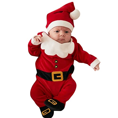 Baby Jungen und Mädchen Weihnachtskostüme, Baby Komplett Set Junge Strampler Overall Fleece Hut Outfits Säugling Weihnachten Jungen Jungen Strampler & Overall Walk Overall Santa (A-Red, 0-3 Months) von Kielsjajd