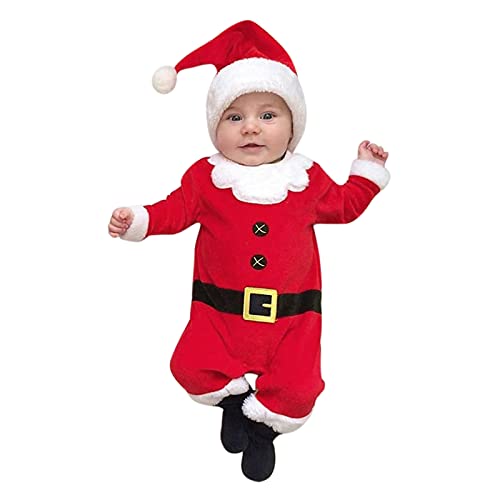 Baby Jungen und Mädchen Weihnachtskostüme, Baby Komplett Set Junge Strampler Overall Fleece Hut Outfits Säugling Weihnachten Jungen Jungen Strampler & Overall Walk Overall Santa (Red, 12-18 Months) von Kielsjajd