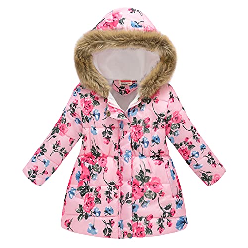 Baby Winterjacke, Winter Mantel Winterjacke Mädchen Junge, Baby Mädchen Junge Blumen Kapuze Winddichte Jacke mit Kunstfell Baumwolle Gepolsterter Mantel Reißverschluss Kinder (Hot Pink, 6-7 Years) von Kielsjajd