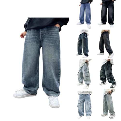 Baggy Jeans Jungs Kinder Loose Fit Jogginghose mit Elastische Taille Lässige Weitem Bein Jeanshose Streetwear Freizeit Loose Jeanshose Cargo Hosen für Kinder und Teenager 120-170 von Kielsjajd