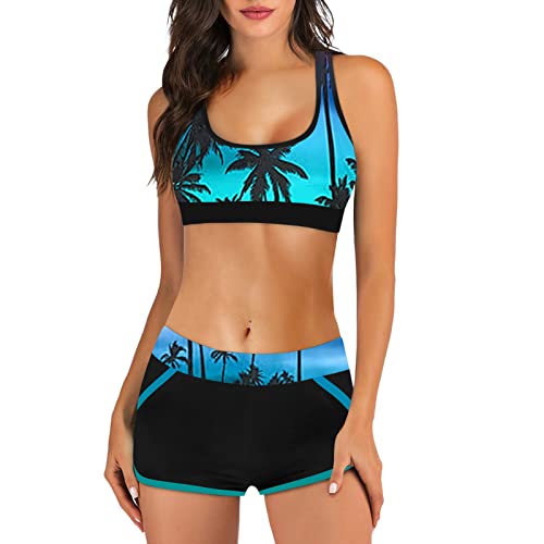 Bikini Damen Sport Push Up Oberteil Polster Badeanzug Zweiteiler Frauen Shorts Bikini Set Pads Strand Schwimmen Bademode 2 Teilig Damen Tankini Set zweiteilig Bauchweg mit Hot Pants (Blue-2, XXL) von Kielsjajd