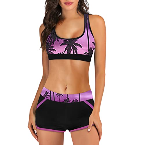 Bikini Damen Sport Push Up Oberteil Polster Badeanzug Zweiteiler Frauen Shorts Bikini Set Pads Strand Schwimmen Bademode 2 Teilig Damen Tankini Set zweiteilig Bauchweg mit Hot Pants (Purple-2, S) von Kielsjajd