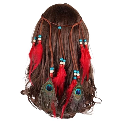 Boho Feder Stirnband Indische Kopfschmuck Federn Quaste Hippie Kopfschmuck Festival Kostüm Haarschmuck für Frauen Mädchen (Red, One Size) von Kielsjajd