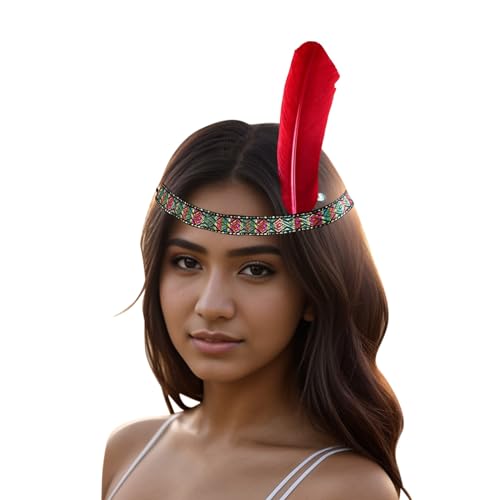 Boho Karneval Kopfschmuck Damen Stirnband Federschmuck Boho Haarband Haarschmuck Unisex-Erwachsene für Karnevals kostüme Zubehör Indianerkostüm Accessoires Festival Haarschmuck (Red, One Size) von Kielsjajd