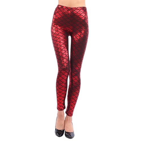 Bunte Leggings Damen Push Up Leggings Meer-jungfrau Fischschuppen Bedruckte Sport Leggings Damen High Waist Leggins Slim Fit Booty Tights Hose Glänzend Strumpfhose Hüfthose Hose Skinny (Red, One Size) von Kielsjajd