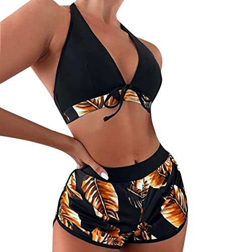 Damen 3 Packe Bikini Sets Neckholder Badebode 3-Teiliger Swimwear Bikini Set Badehose mit Tropenmuster Damen Mehrfarbig Tankini mit Oberteile und Badeshorts Einfarbig Bikini Badeanzug (A-011, M) von Kielsjajd