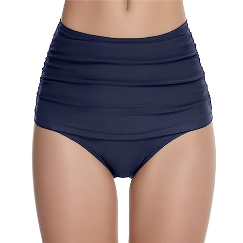 Damen Basic Bauchweg Bikinihose Badehose in einfarbigen Farben für Frauen Bikini Hose High Waist Bikinihose Hoher Taille Schwimmen Slip Hoch Taillierte Gerüschter Optik Bauchkontrolle (A01 Blue, L) von Kielsjajd