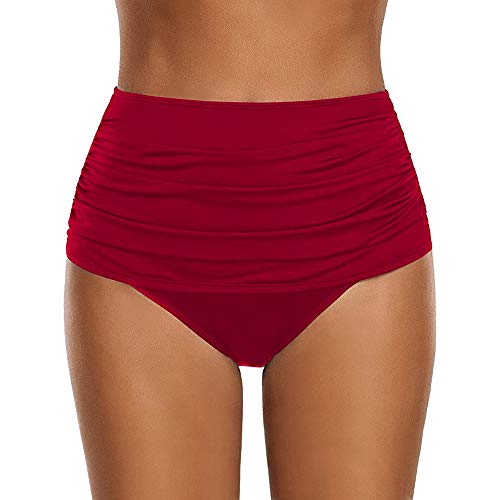 Damen Basic Bauchweg Bikinihose Badehose in einfarbigen Farben für Frauen Bikini Hose High Waist Bikinihose Hoher Taille Schwimmen Slip Hoch Taillierte Gerüschter Optik Bauchkontrolle (A12 Red, L) von Kielsjajd