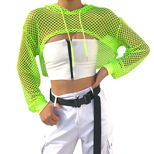 Damen Bauchfrei Crop T-Shirt Langarm Tops Casual Frauen Cropshirt Mesh T-Shirt mit Kapuze Sport Oberteile Netz Langarmshirt Sommer Cropped Top Mode Cropshirt für Party Strand Urlaub von Kielsjajd