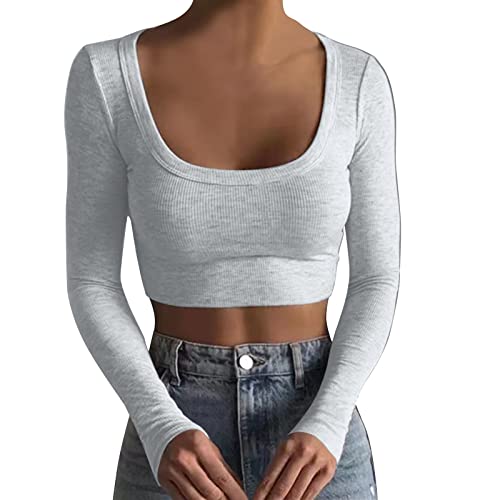 Damen Bauchfrei Langarmshirts T-Shirt Basic Langarm Crop Oberteil, Basic Oberteile Slim Fit Langarm Shirt Tops, Damen Crop Top Kurzarm Sexy V-Ausschnitt Slim Fit Geripptes T-Shirt von Kielsjajd