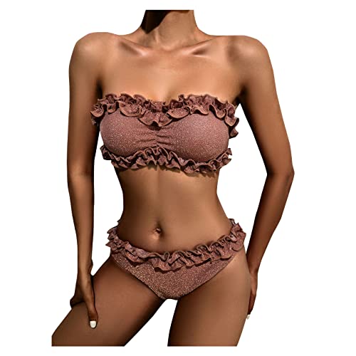 Damen Bikini Set, schulterfrei Bandeau mit Kordelzug & Rüschen High Cut Einfarbig Bademode (Brown-A, L) von Kielsjajd