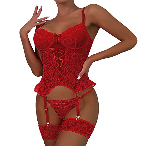 Damen Dessous Sexy Set Unterwäsche BH V Ausschnitt Plus Size Bra Reizwäsche Body Suit Lingerie Outfit mit Tanga Unterwäsche Damen Spitzen Push Up BH Sets Panties Zweiteiliger Nachtwäsche (Red #3, XXL) von Kielsjajd