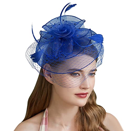 Damen Fascinator Hut, Fascinator Hut Damen Feder Mesh Kopfbedeckungs Hut Schwarze Vintage Teeparty Haarschmuck für Damen Mädchen Abend Partys, Ladies Hut Kopfbedeckung Eleganter Kopfschmuck (Blau) von Kielsjajd