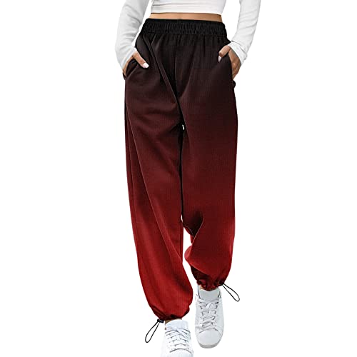 Damen Jogginghose Cargo Sporthose Farbblock Elastischer Bund Sweatpants Loose Fit Baggy Trainingshose Freizeithose Yogahosen mit Taschen (2# Rot, XXL) von Kielsjajd