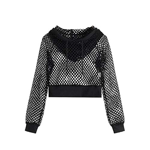 Damen Langarm Netzoberteil Bauchfreies Crop Top Sweatshirt mit Kapuze Streetwear Hip Hop Kleidung, Damen Crop Pullover Sehr Kurz Sweatshirts Langarm Pulli Rundkragen Cut Outs Shirts von Kielsjajd