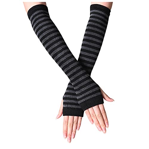 Damen Lange Fingerlose Handschuhe ，Gestreift Stricken Armwärmer für Frauen, Streifen Fingerlose Armstulpen Handschuhe für Herbst Winter, Winter Armstulpen für Punk Rock Cosplay Goth (Grey, One Size) von Kielsjajd