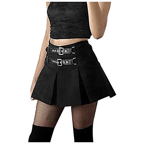 Damen Plissee Miniröcke Faltenrock Kariert Hohe Taille Kurze A-Linie Flare Lace-up Schnürung Punk Gothic Rock Kleidung Gothic Kawaii e-Girl Teenager Mädchen Rock Clothes Cosplay (Black #1, M) von Kielsjajd