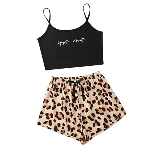 Damen Schlafanzug Set Spaghettiträger Crop Top Short Sets Pyjama Sommer Schlafanzüge Schlafanzug Damen Kurzarm Pyjamas Set Damen Cartoonmuster Top Short Zweiteilig Sleepwear Pyjama Set (N-A, M) von Kielsjajd