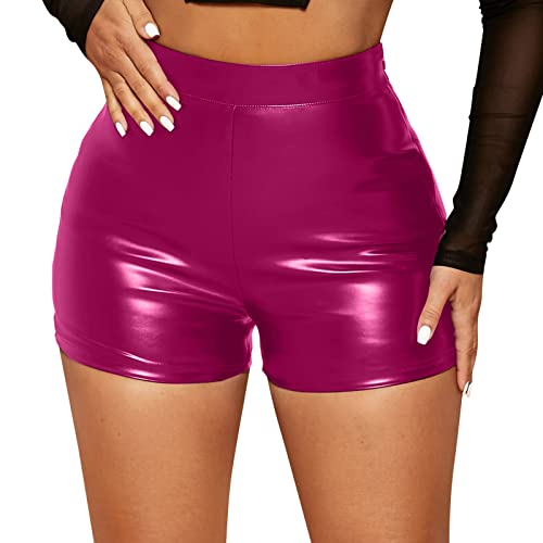 Damen Shorts Wetlook High Waist Kurze Lederhose Skinny Lederoptik Leggins Hose Hotpants Damen Sexy Shorts Glanz Hohe Taille PU Kurze Hose Push up Kunstlederhose Damen PU Shorts (Hot Pink-2, XXL) von Kielsjajd