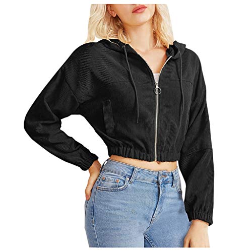 Damen Sweatjacke, Teenager Mädchen Bauchfrei Kapuzenpullover Langarm Kurz Hoodie Sweatshirt Crop Pullover Tops Kapuzenjacke mit Kordel Zip Damen Kapuzenpullover Hoodie Sweatshirt mit (a-Black, S) von Kielsjajd