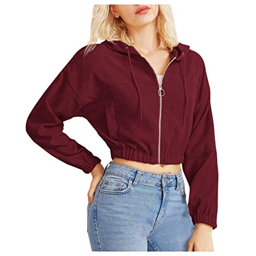 Damen Sweatjacke, Teenager Mädchen Bauchfrei Kapuzenpullover Langarm Kurz Hoodie Sweatshirt Crop Pullover Tops Kapuzenjacke mit Kordel Zip Damen Kapuzenpullover Hoodie Sweatshirt mit (a-Wine, M) von Kielsjajd