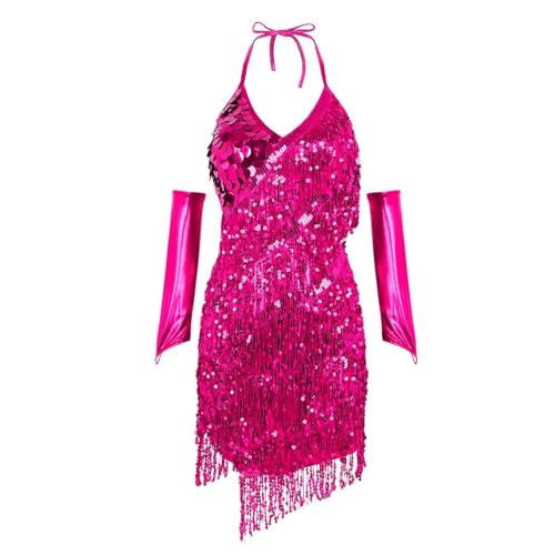 Damen Tanzkleid Neckholder Kleider rückenfrei Schwingen Pailletten Quasten Fransen Latein Tango Kostüm Outfit mit Armstulpen, Damen Abendkleider mit Pailletten Fransen Tanzkleid (Hot Pink, One Size) von Kielsjajd