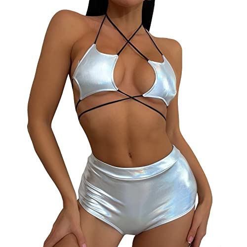 Damen Zweiteilige Rave-Outfits Sexy Reflektierende Rückenfreie Tank Tops und Shorts Set für Tanzfest Bikini Rave Festival Party Mode Clubwear Wickeloptik Lace Up Bikini Spaghetti-Trägern (White-1, M) von Kielsjajd