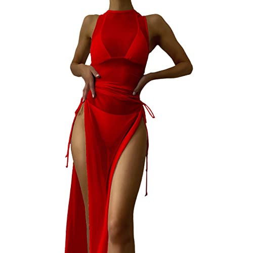 Durchsichtiges Strandkleid Sexy für Damen Schwarz Kleid Minirock Bikini Cover Up Halbtransparentes Feines Netz Rundhalsausschnitt Minikleid Netz Shirt Strandkleid Sommertop (2-Red, M) von Kielsjajd