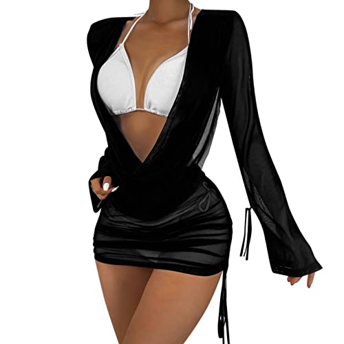 Durchsichtiges Strandkleid Sexy für Damen Schwarz Kleid Minirock Bikini Cover Up Halbtransparentes Feines Netz Rundhalsausschnitt Minikleid Netz Shirt Strandkleid Sommertop (A-001, M) von Kielsjajd