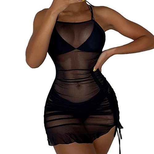 Durchsichtiges Strandkleid Sexy für Damen Schwarz Kleid Minirock Bikini Cover Up Halbtransparentes Feines Netz Rundhalsausschnitt Minikleid Netz Shirt Strandkleid Sommertop (B-001, S) von Kielsjajd