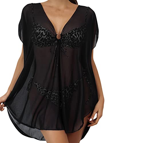 Durchsichtiges Strandkleid Sexy für Damen Schwarz Kleid Minirock Bikini Cover Up Halbtransparentes Feines Netz Rundhalsausschnitt Minikleid Netz Shirt Strandkleid Sommertop (Black-1, S) von Kielsjajd