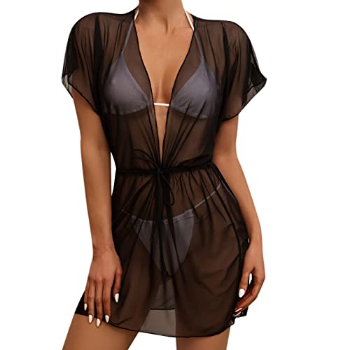 Durchsichtiges Strandkleid Sexy für Damen Schwarz Kleid Minirock Bikini Cover Up Halbtransparentes Feines Netz Rundhalsausschnitt Minikleid Netz Shirt Strandkleid Sommertop (Black-2, L) von Kielsjajd