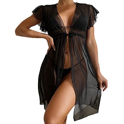 Durchsichtiges Strandkleid Sexy für Damen Schwarz Kleid Minirock Bikini Cover Up Halbtransparentes Feines Netz Rundhalsausschnitt Minikleid Netz Shirt Strandkleid Sommertop (C-011, M) von Kielsjajd