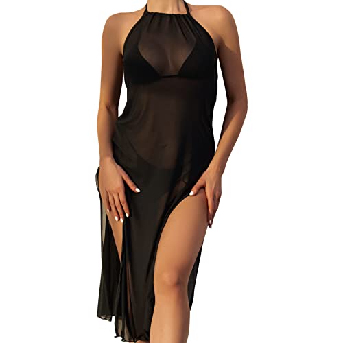 Durchsichtiges Strandkleid Sexy für Damen Schwarz Kleid Minirock Bikini Cover Up Halbtransparentes Feines Netz Rundhalsausschnitt Minikleid Netz Shirt Strandkleid Sommertop (C-016, L) von Kielsjajd