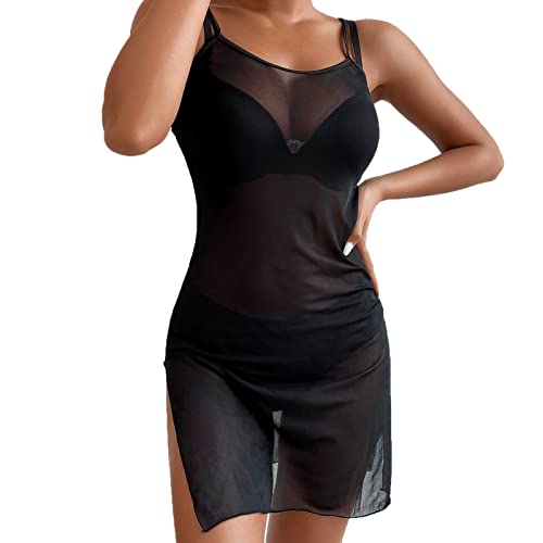 Durchsichtiges Strandkleid Sexy für Damen Schwarz Kleid Minirock Bikini Cover Up Halbtransparentes Feines Netz Rundhalsausschnitt Minikleid Netz Shirt Strandkleid Sommertop (D-013, S) von Kielsjajd