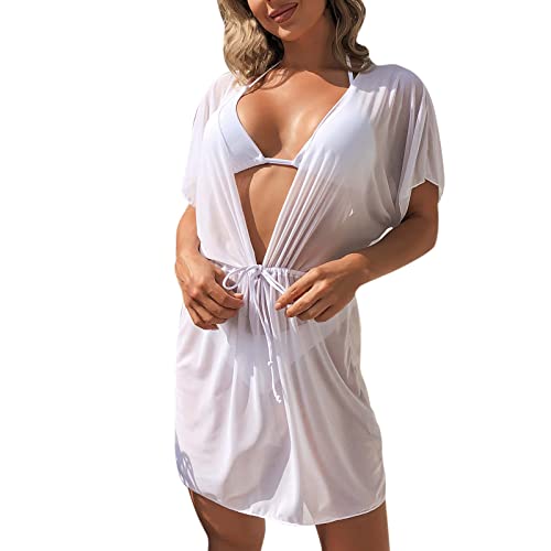 Durchsichtiges Strandkleid Sexy für Damen Schwarz Kleid Minirock Bikini Cover Up Halbtransparentes Feines Netz Rundhalsausschnitt Minikleid Netz Shirt Strandkleid Sommertop (White-2, S) von Kielsjajd