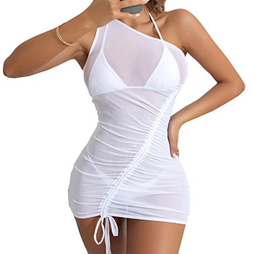 Durchsichtiges Strandkleid Sexy für Damen Schwarz Kleid Minirock Bikini Cover Up Halbtransparentes Feines Netz Rundhalsausschnitt Minikleid Netz Shirt Strandkleid Sommertop von Kielsjajd