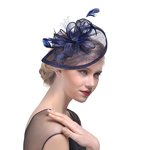 Fascinator Damen Frauen Braut Haarschmuck Mesh Federn Pillbox-Hut elegant Netzschleier vintage Headwear Haar Accessoire Kopfbedeckung Blumen Stirnband für Karneval Tea Party Cocktail (Navy, One Size) von Kielsjajd