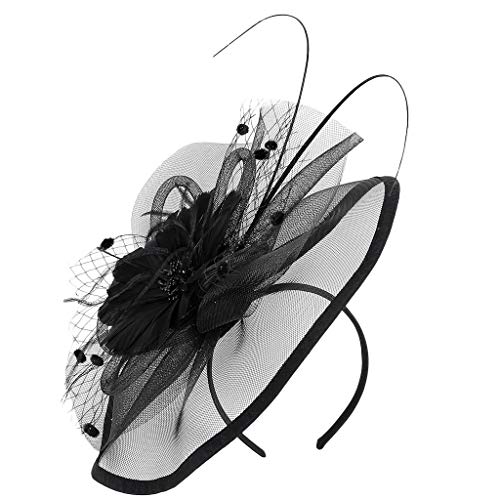 Fascinator Hat Stirnband Hut Schwarze Kirche Top Hut Tea Party Ladies Hut Kopfbedeckung Eleganter Kopfschmuck, Damen Fascinator Hut mit Federn Schleier Stirnband Clip Damen (Black, One Size) von Kielsjajd