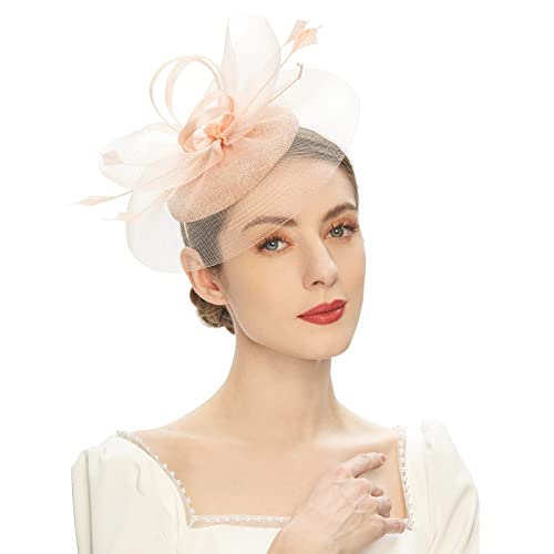 Fascinator Hüte für Frauen Pillbox Hut mit Schleier Stirnband und Einer Gegabelten Clip Tea Party Kopfbedeckung,Tea Party Fascinator Hut Fascinator Pillbox Hut Stirnband für Cocktail (Beige, One Size) von Kielsjajd