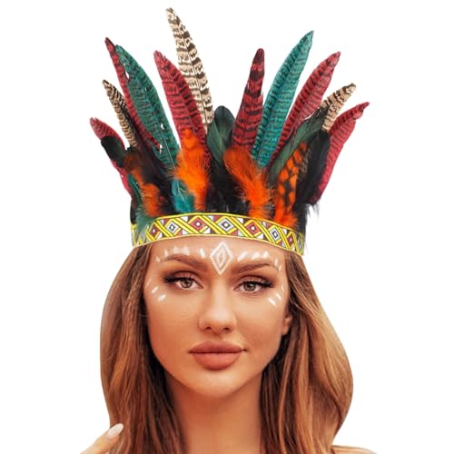Feather Crown Stirnband Indian Stirnband Faszinator Kopfschmuck, Indische Feder Stirnband Federn Kopfschmuck Karneval Fascinator Kopfschmuck Festival Kostüm Haarschmuck für Frauen (Orange, One Size) von Kielsjajd