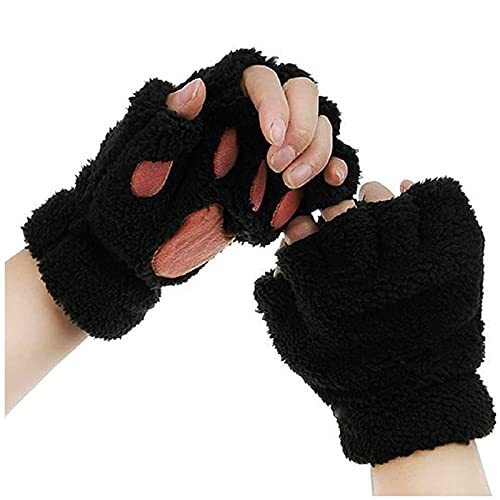 Handschuhe Damen Warm, 1 Paare Katzenpfote Handschuhe Niedliche Cartoon Winter Handschuhe Warme Halbfinger Fausthandschuh Outdoor Fingerless Gloves Kunstpelz Plüsch Katzen Handschuhe (Black, One Size) von Kielsjajd